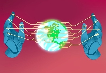 Two hands holding wires around a planet